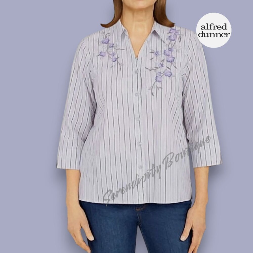 Alfred Dunner Pastel Lavender Floral Embroided Button Down Long Sleeve Blouse